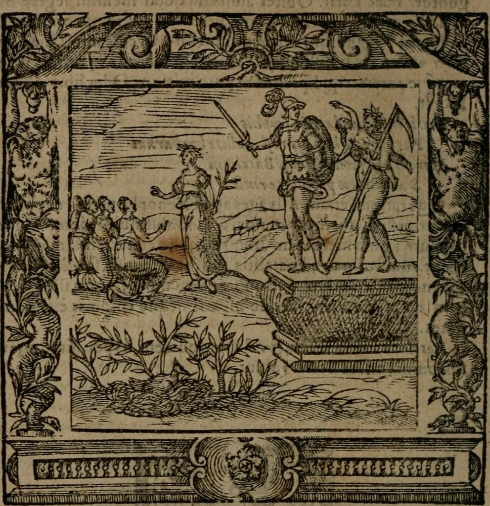 An illustration from Omnia Andreae Alciati v.c. emblemata : cum commentariis, quibus emblematum omnium aperta origine, mens auctoris explicatur, & obscura omnia dubiaque illustrantur, 1581, leaf 155