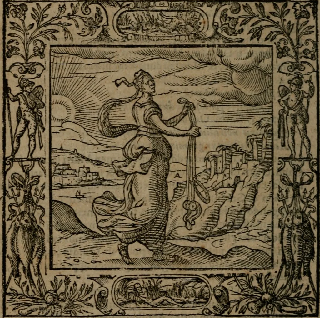An illustration from Omnia Andreae Alciati v.c. emblemata : cum commentariis, quibus emblematum omnium aperta origine, mens auctoris explicatur, & obscura omnia dubiaque illustrantur, 1581, leaf 159