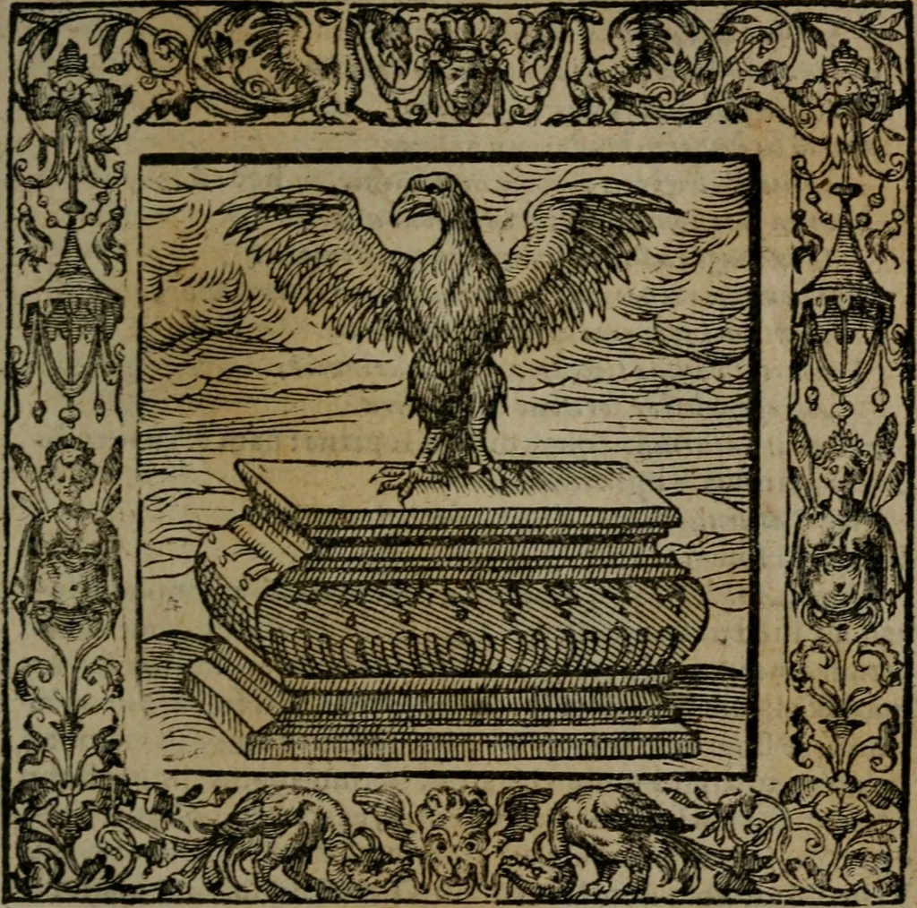 An illustration from Omnia Andreae Alciati v.c. emblemata : cum commentariis, quibus emblematum omnium aperta origine, mens auctoris explicatur, & obscura omnia dubiaque illustrantur, 1581, leaf 184