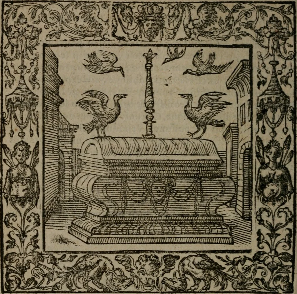 An illustration from Omnia Andreae Alciati v.c. emblemata : cum commentariis, quibus emblematum omnium aperta origine, mens auctoris explicatur, & obscura omnia dubiaque illustrantur, 1581, leaf 203