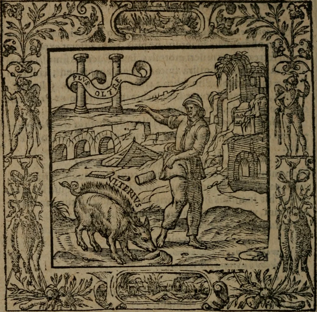 An illustration from Omnia Andreae Alciati v.c. emblemata : cum commentariis, quibus emblematum omnium aperta origine, mens auctoris explicatur, & obscura omnia dubiaque illustrantur, 1581, leaf 227