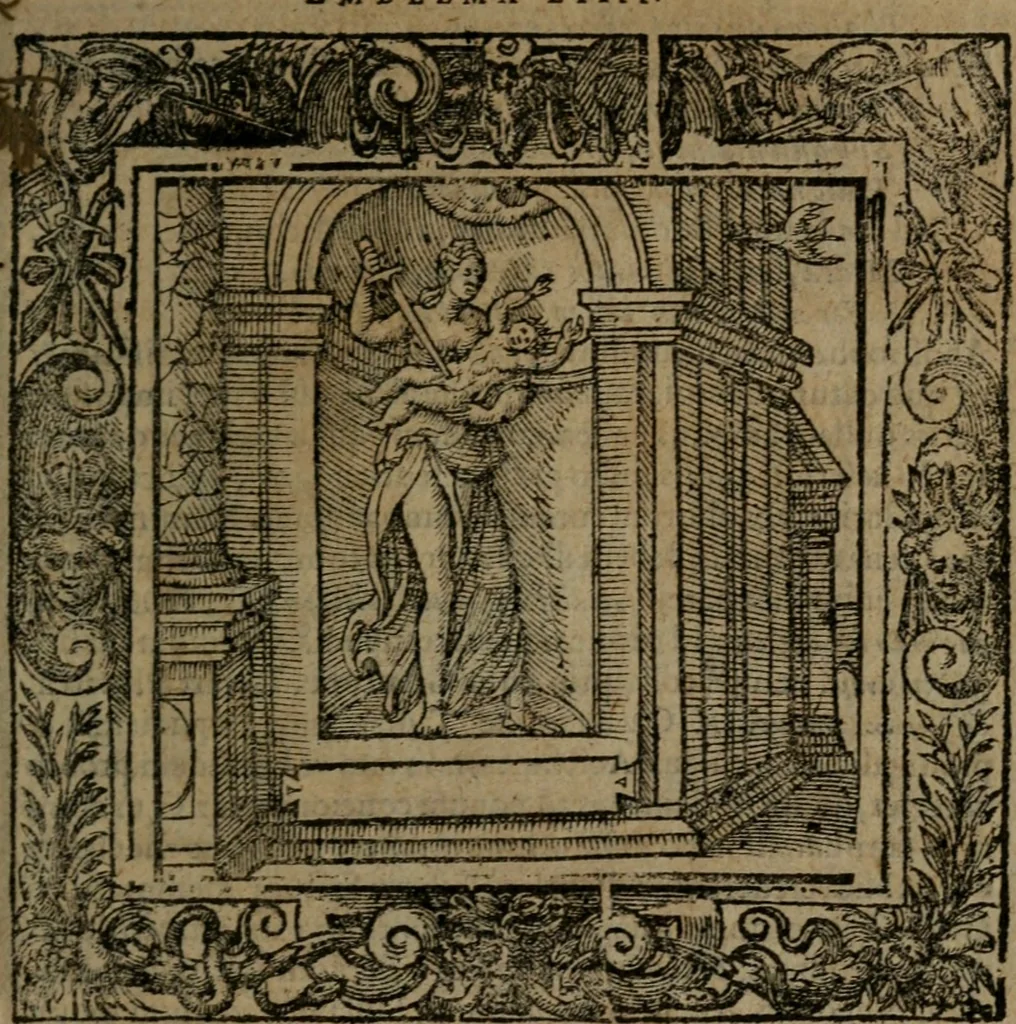 An illustration from Omnia Andreae Alciati v.c. emblemata : cum commentariis, quibus emblematum omnium aperta origine, mens auctoris explicatur, & obscura omnia dubiaque illustrantur, 1581, leaf 252