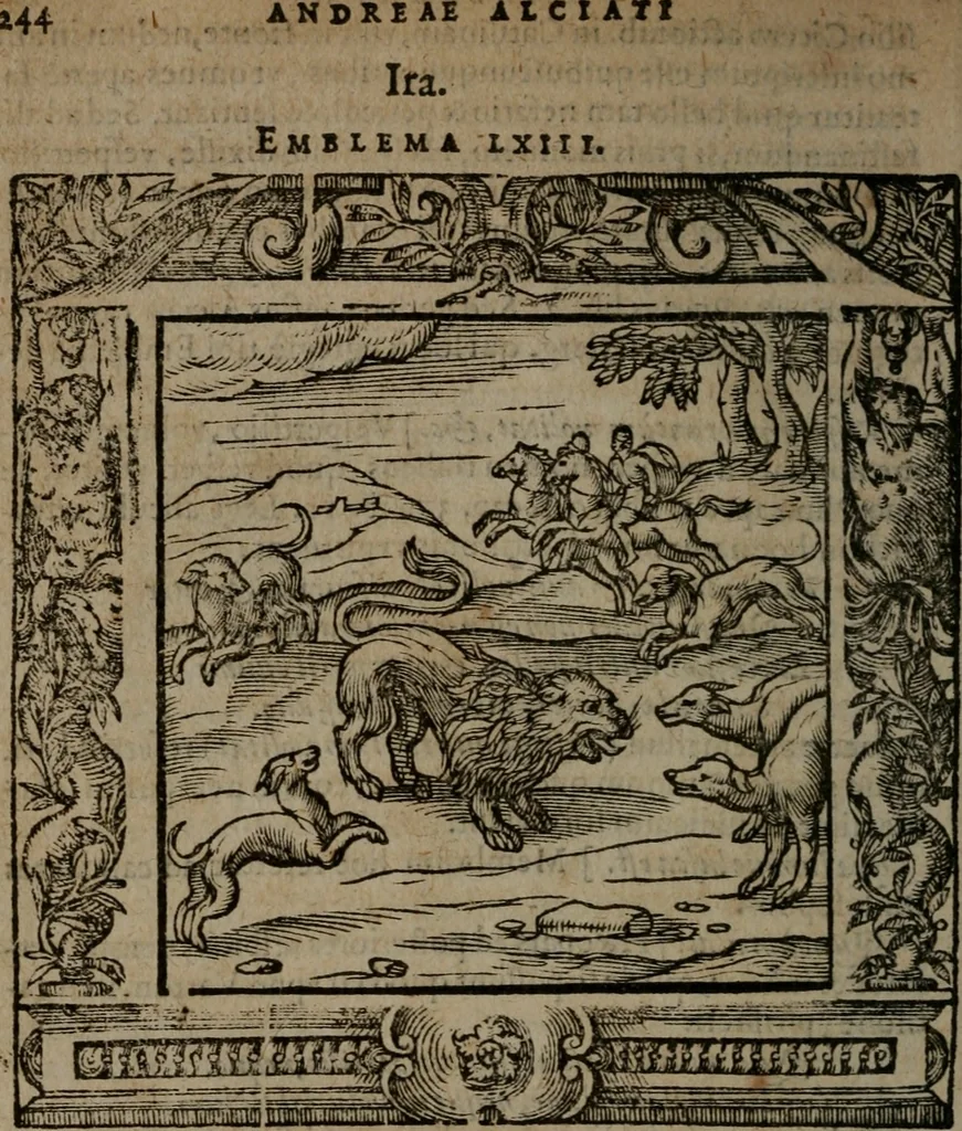 An illustration from Omnia Andreae Alciati v.c. emblemata : cum commentariis, quibus emblematum omnium aperta origine, mens auctoris explicatur, & obscura omnia dubiaque illustrantur, 1581, leaf 275