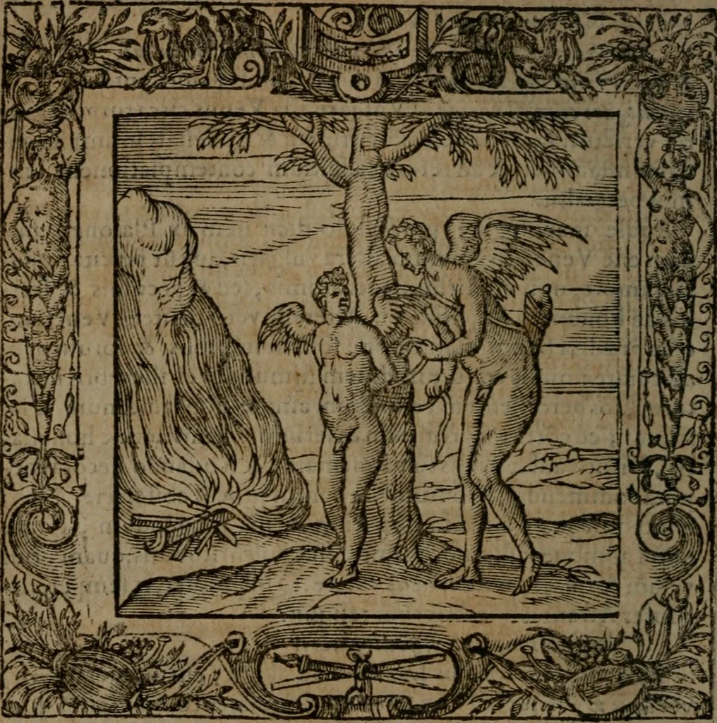 An illustration from Omnia Andreae Alciati v.c. emblemata : cum commentariis, quibus emblematum omnium aperta origine, mens auctoris explicatur, & obscura omnia dubiaque illustrantur, 1581, leaf 417