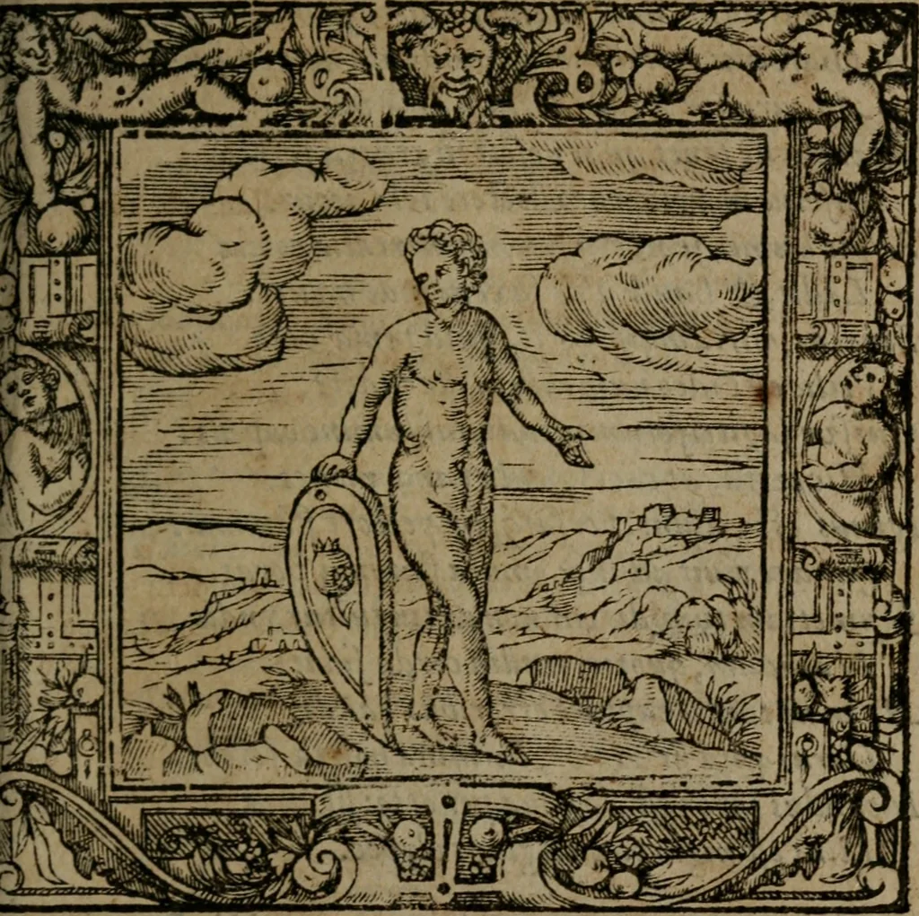 An illustration from Omnia Andreae Alciati v.c. emblemata : cum commentariis, quibus emblematum omnium aperta origine, mens auctoris explicatur, & obscura omnia dubiaque illustrantur, 1581, leaf 428