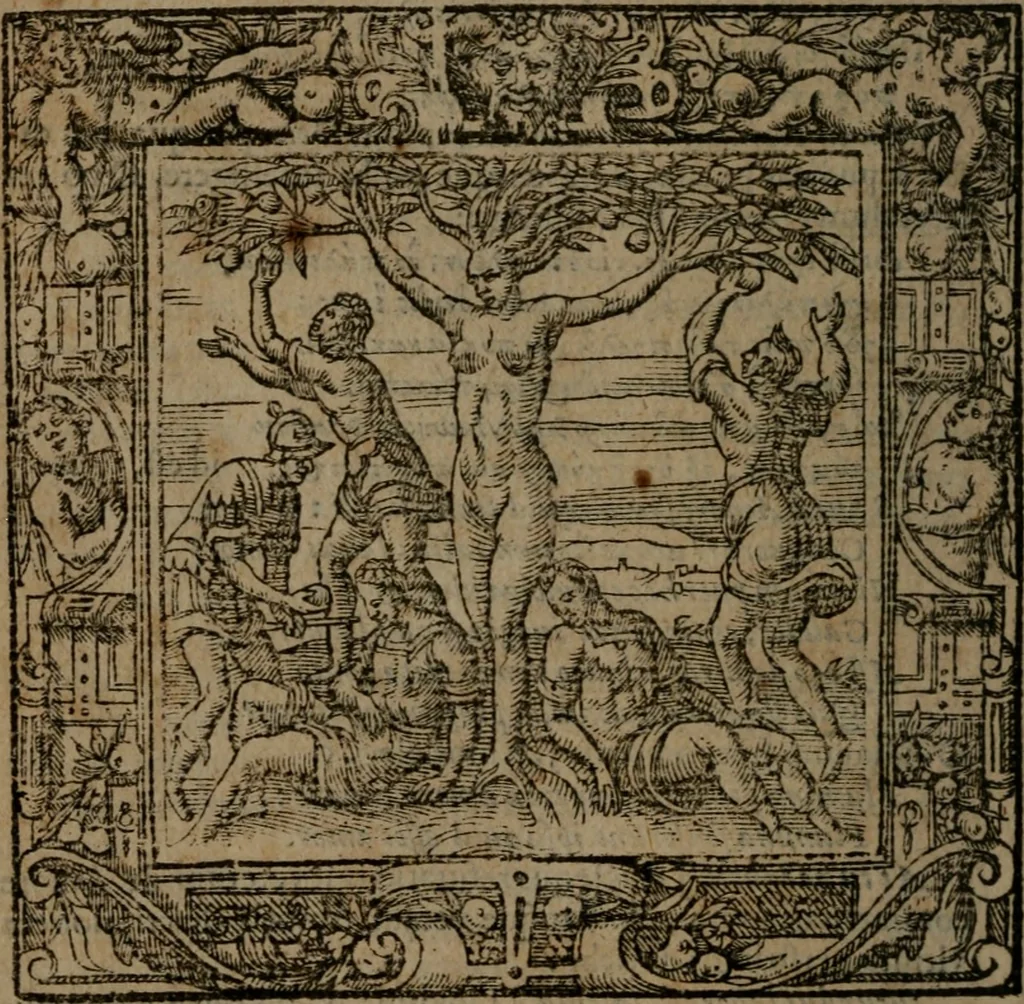 An illustration from Omnia Andreae Alciati v.c. emblemata : cum commentariis, quibus emblematum omnium aperta origine, mens auctoris explicatur, & obscura omnia dubiaque illustrantur, 1581, leaf 437