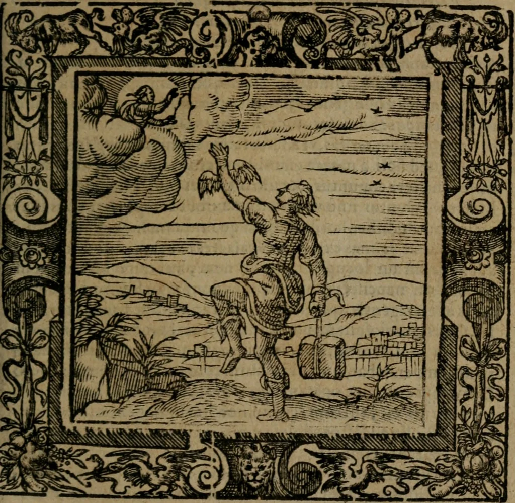 An illustration from Omnia Andreae Alciati v.c. emblemata : cum commentariis, quibus emblematum omnium aperta origine, mens auctoris explicatur, & obscura omnia dubiaque illustrantur, 1581, leaf 466
