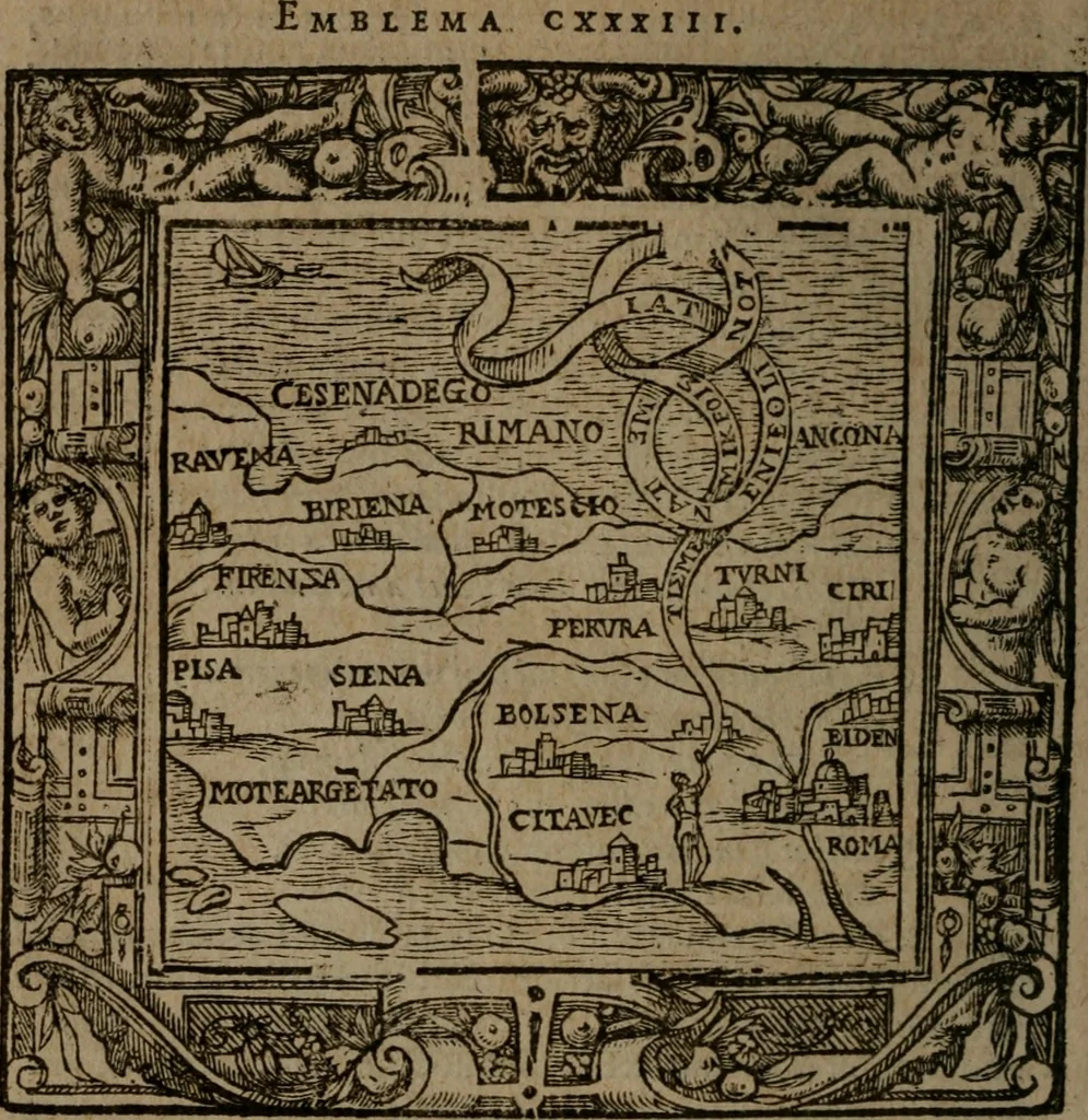 An illustration from Omnia Andreae Alciati v.c. emblemata : cum commentariis, quibus emblematum omnium aperta origine, mens auctoris explicatur, & obscura omnia dubiaque illustrantur, 1581, leaf 509