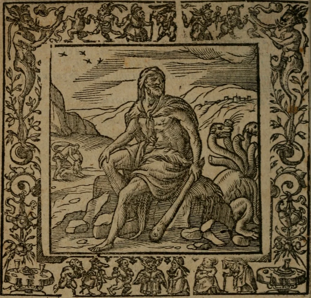 An illustration from Omnia Andreae Alciati v.c. emblemata : cum commentariis, quibus emblematum omnium aperta origine, mens auctoris explicatur, & obscura omnia dubiaque illustrantur, 1581, leaf 523