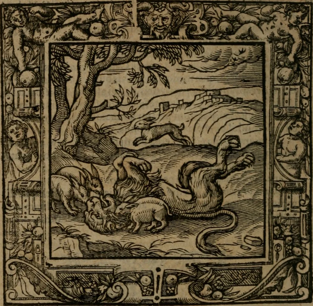An illustration from Omnia Andreae Alciati v.c. emblemata : cum commentariis, quibus emblematum omnium aperta origine, mens auctoris explicatur, & obscura omnia dubiaque illustrantur, 1581, leaf 573