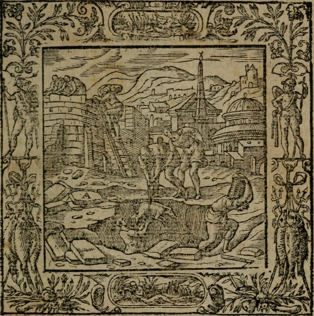 An illustration from Omnia Andreae Alciati v.c. emblemata : cum commentariis, quibus emblematum omnium aperta origine, mens auctoris explicatur, & obscura omnia dubiaque illustrantur, 1581, leaf 58