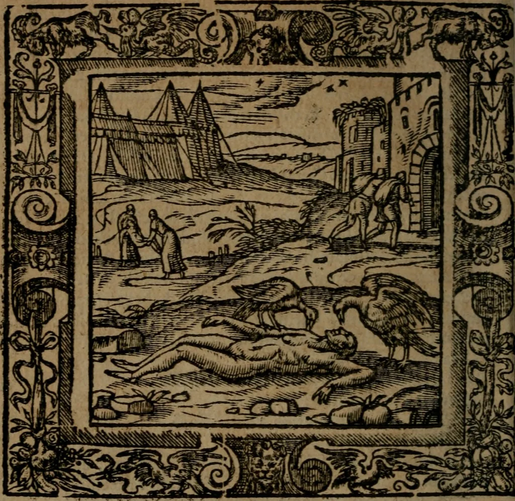 An illustration from Omnia Andreae Alciati v.c. emblemata : cum commentariis, quibus emblematum omnium aperta origine, mens auctoris explicatur, & obscura omnia dubiaque illustrantur, 1581, leaf 585