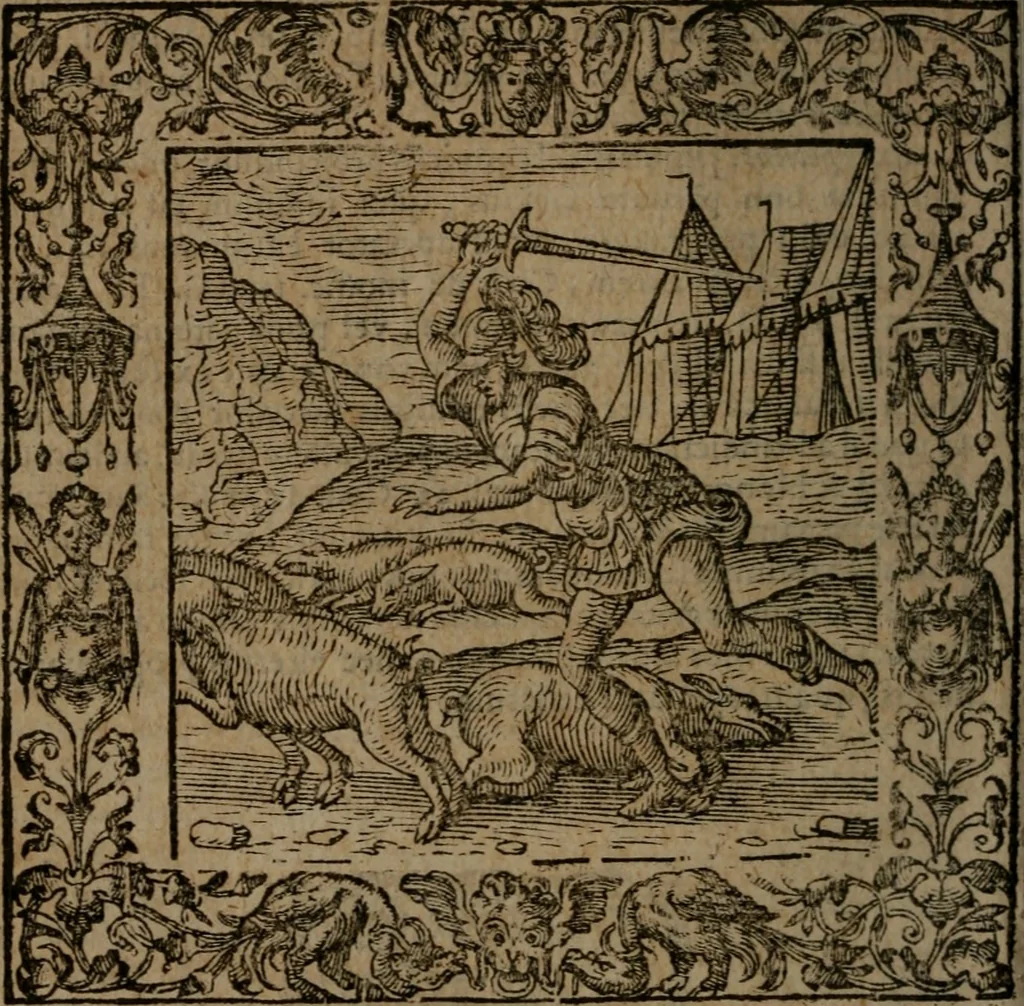An illustration from Omnia Andreae Alciati v.c. emblemata : cum commentariis, quibus emblematum omnium aperta origine, mens auctoris explicatur, & obscura omnia dubiaque illustrantur, 1581, leaf 633