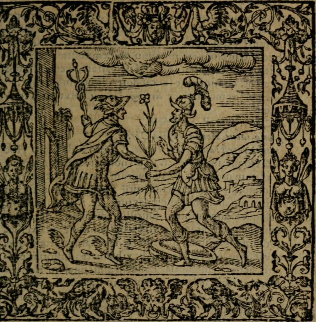 An illustration from Omnia Andreae Alciati v.c. emblemata : cum commentariis, quibus emblematum omnium aperta origine, mens auctoris explicatur, & obscura omnia dubiaque illustrantur, 1581, leaf 658