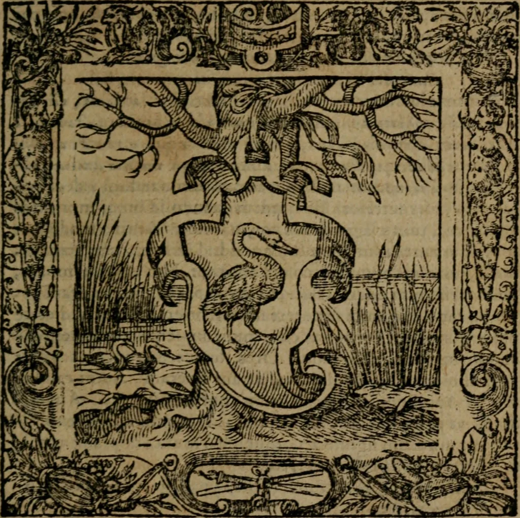 An illustration from Omnia Andreae Alciati v.c. emblemata : cum commentariis, quibus emblematum omnium aperta origine, mens auctoris explicatur, & obscura omnia dubiaque illustrantur, 1581, leaf 666