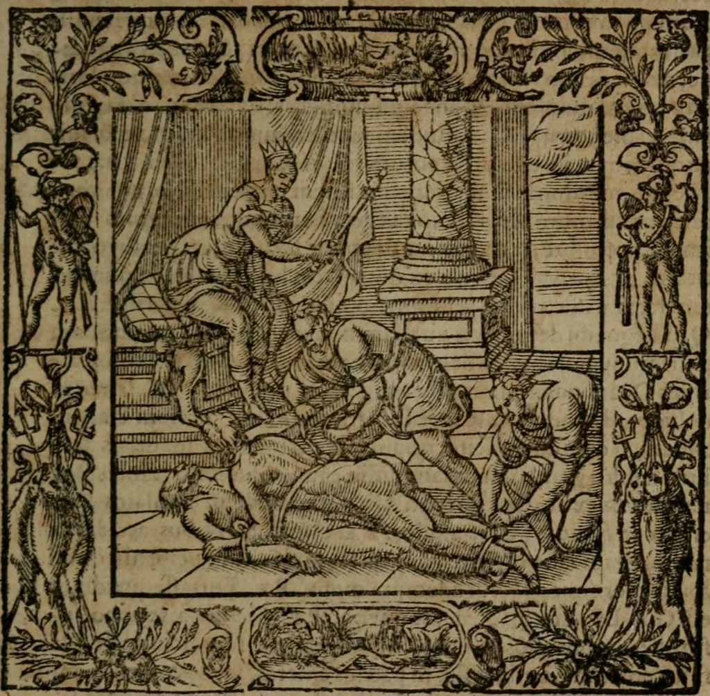 An illustration from Omnia Andreae Alciati v.c. emblemata : cum commentariis, quibus emblematum omnium aperta origine, mens auctoris explicatur, & obscura omnia dubiaque illustrantur, 1581, leaf 712