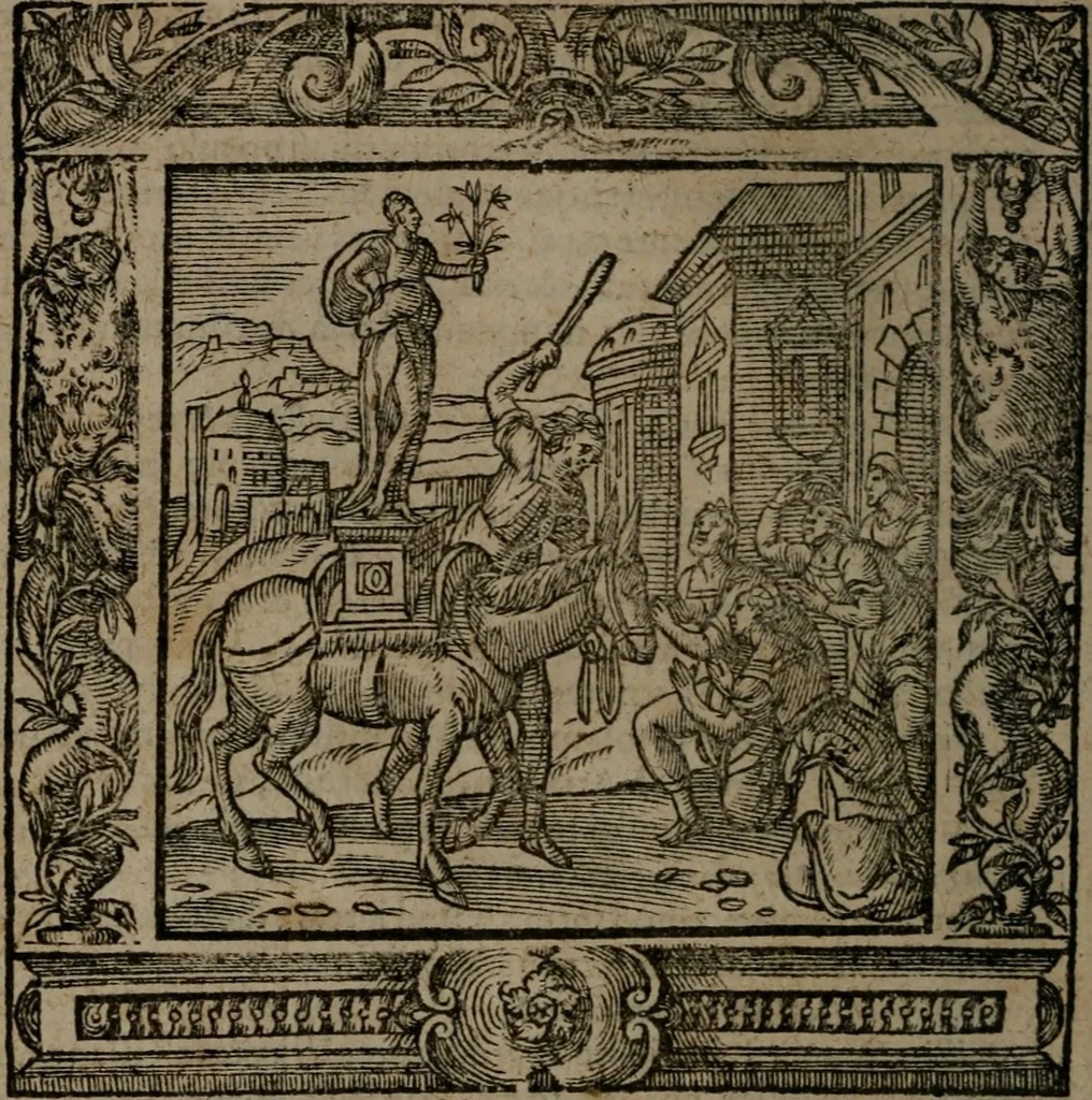 An illustration from Omnia Andreae Alciati v.c. emblemata : cum commentariis, quibus emblematum omnium aperta origine, mens auctoris explicatur, & obscura omnia dubiaque illustrantur, 1581, leaf 79