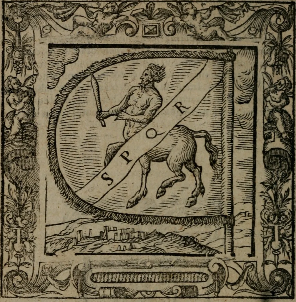 An illustration from Omnia Andreae Alciati v.c. emblemata : cum commentariis, quibus emblematum omnium aperta origine, mens auctoris explicatur, & obscura omnia dubiaque illustrantur, 1581, leaf 99