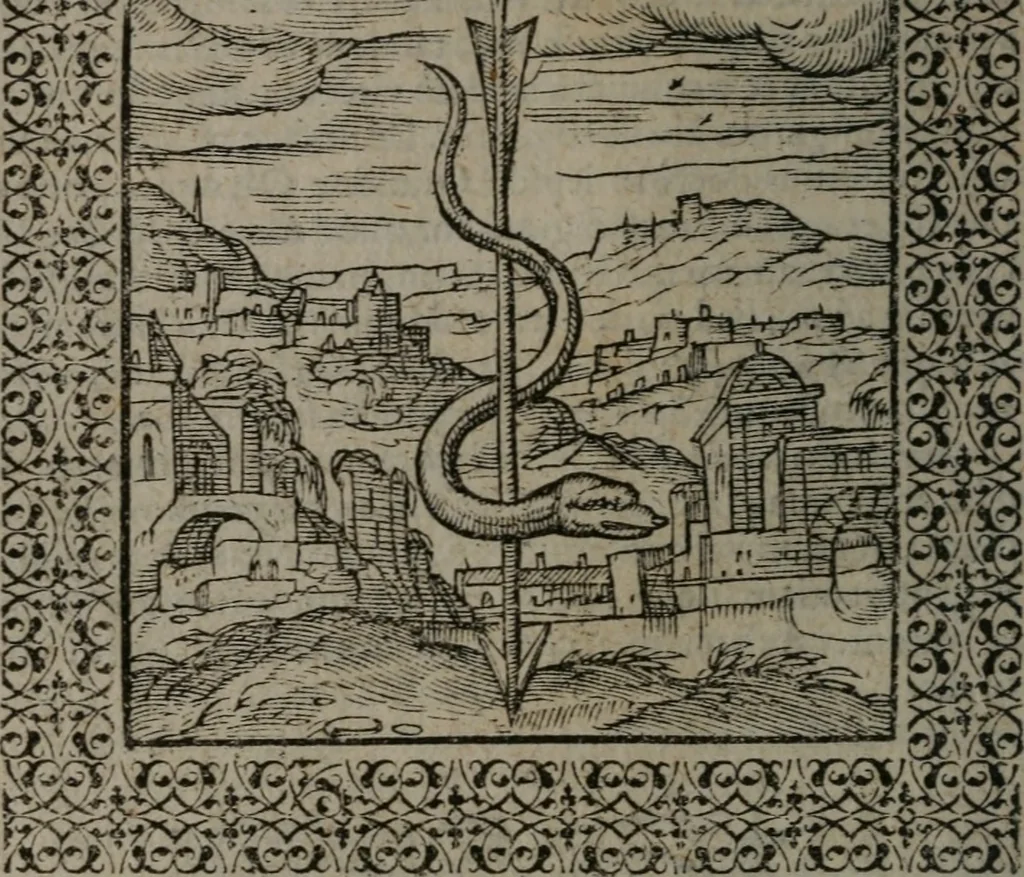 An illustration from Omnia Andreae Alciati v.c. emblemata : cum commentariis, quibus emblematum omnium aperta origine, mens auctoris explicatur, & obscura omnia dubiáque illustrantur, 1577, leaf 123