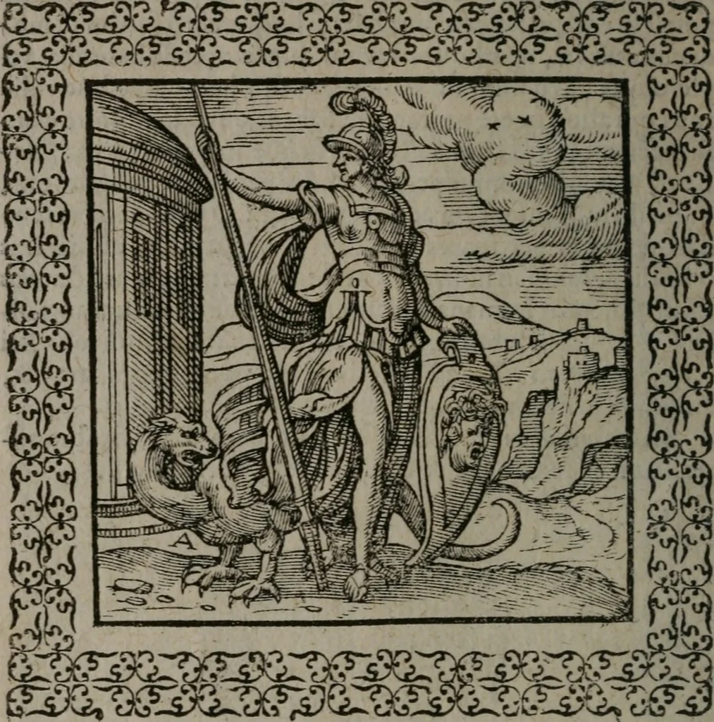 An illustration from Omnia Andreae Alciati v.c. emblemata : cum commentariis, quibus emblematum omnium aperta origine, mens auctoris explicatur, & obscura omnia dubiáque illustrantur, 1577, leaf 127