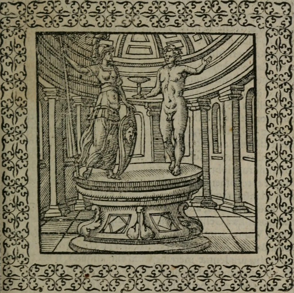 An illustration from Omnia Andreae Alciati v.c. emblemata : cum commentariis, quibus emblematum omnium aperta origine, mens auctoris explicatur, & obscura omnia dubiáque illustrantur, 1577, leaf 130