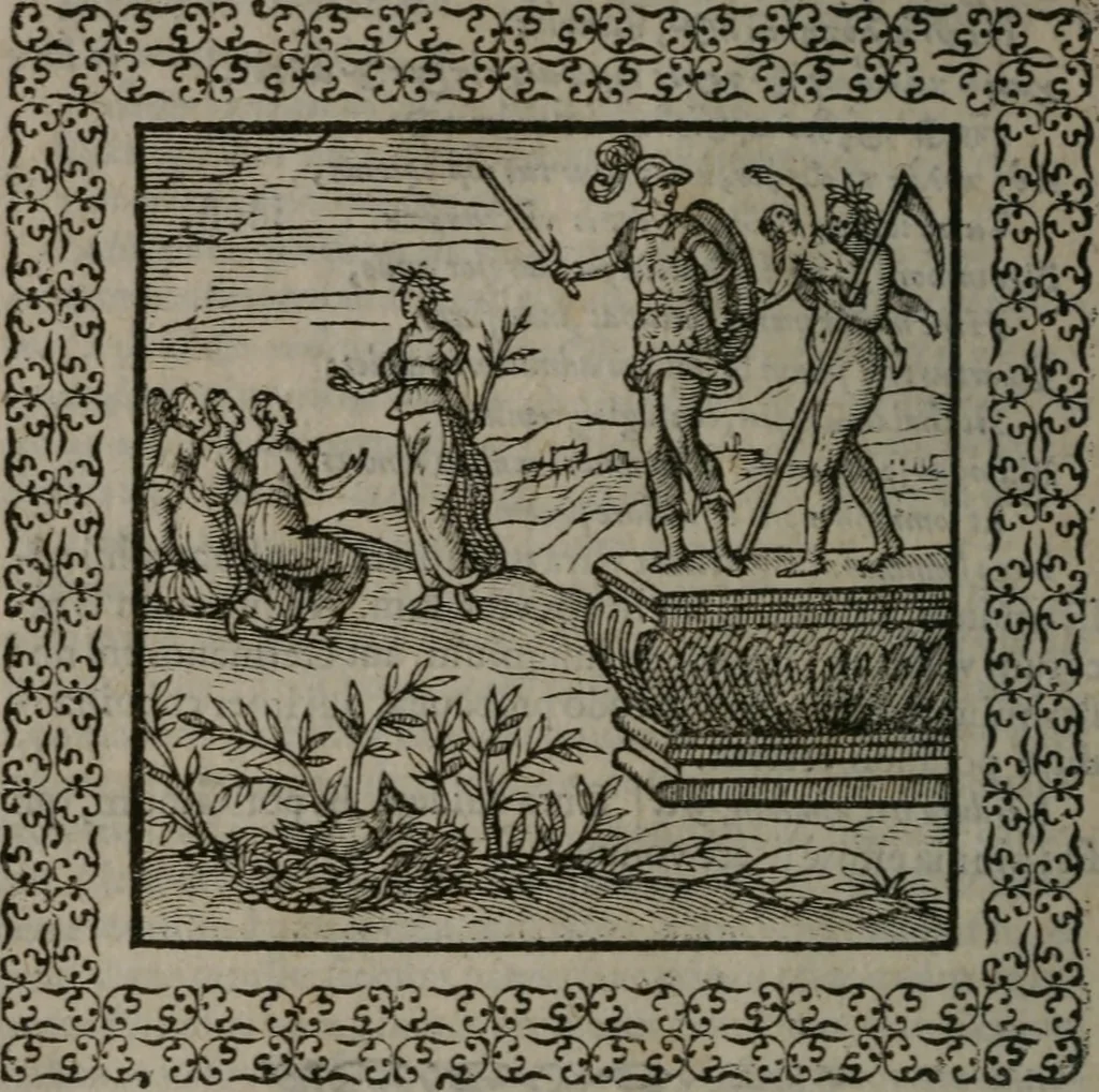 An illustration from Omnia Andreae Alciati v.c. emblemata : cum commentariis, quibus emblematum omnium aperta origine, mens auctoris explicatur, & obscura omnia dubiáque illustrantur, 1577, leaf 145