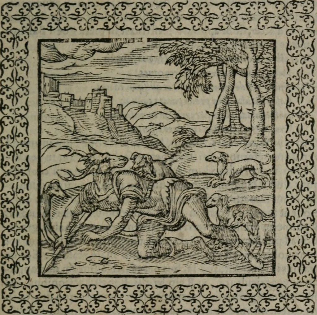 An illustration from Omnia Andreae Alciati v.c. emblemata : cum commentariis, quibus emblematum omnium aperta origine, mens auctoris explicatur, & obscura omnia dubiáque illustrantur, 1577, leaf 222