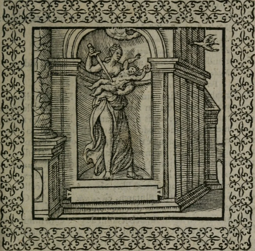 An illustration from Omnia Andreae Alciati v.c. emblemata : cum commentariis, quibus emblematum omnium aperta origine, mens auctoris explicatur, & obscura omnia dubiáque illustrantur, 1577, leaf 228