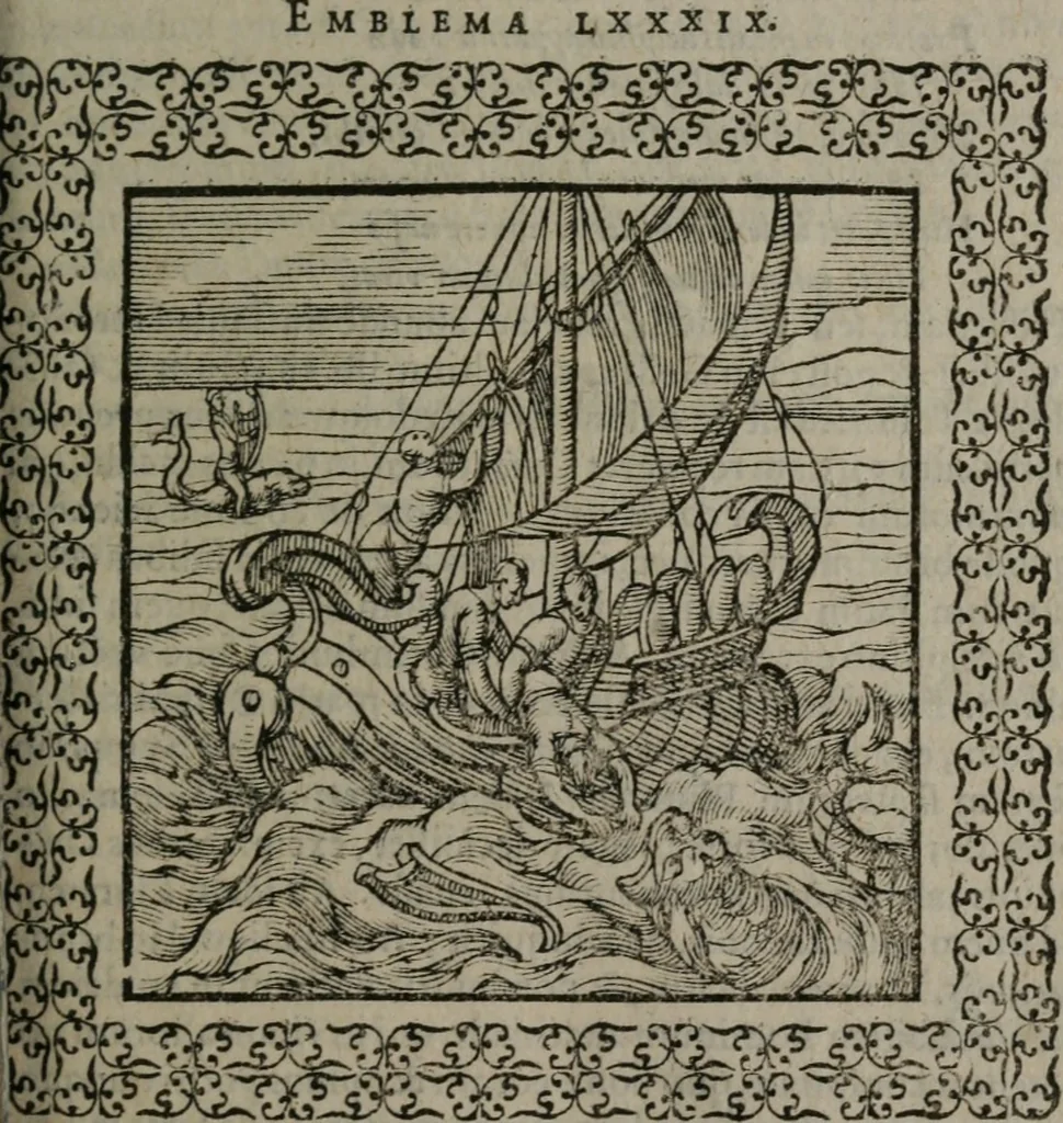 An illustration from Omnia Andreae Alciati v.c. emblemata : cum commentariis, quibus emblematum omnium aperta origine, mens auctoris explicatur, & obscura omnia dubiáque illustrantur, 1577, leaf 320