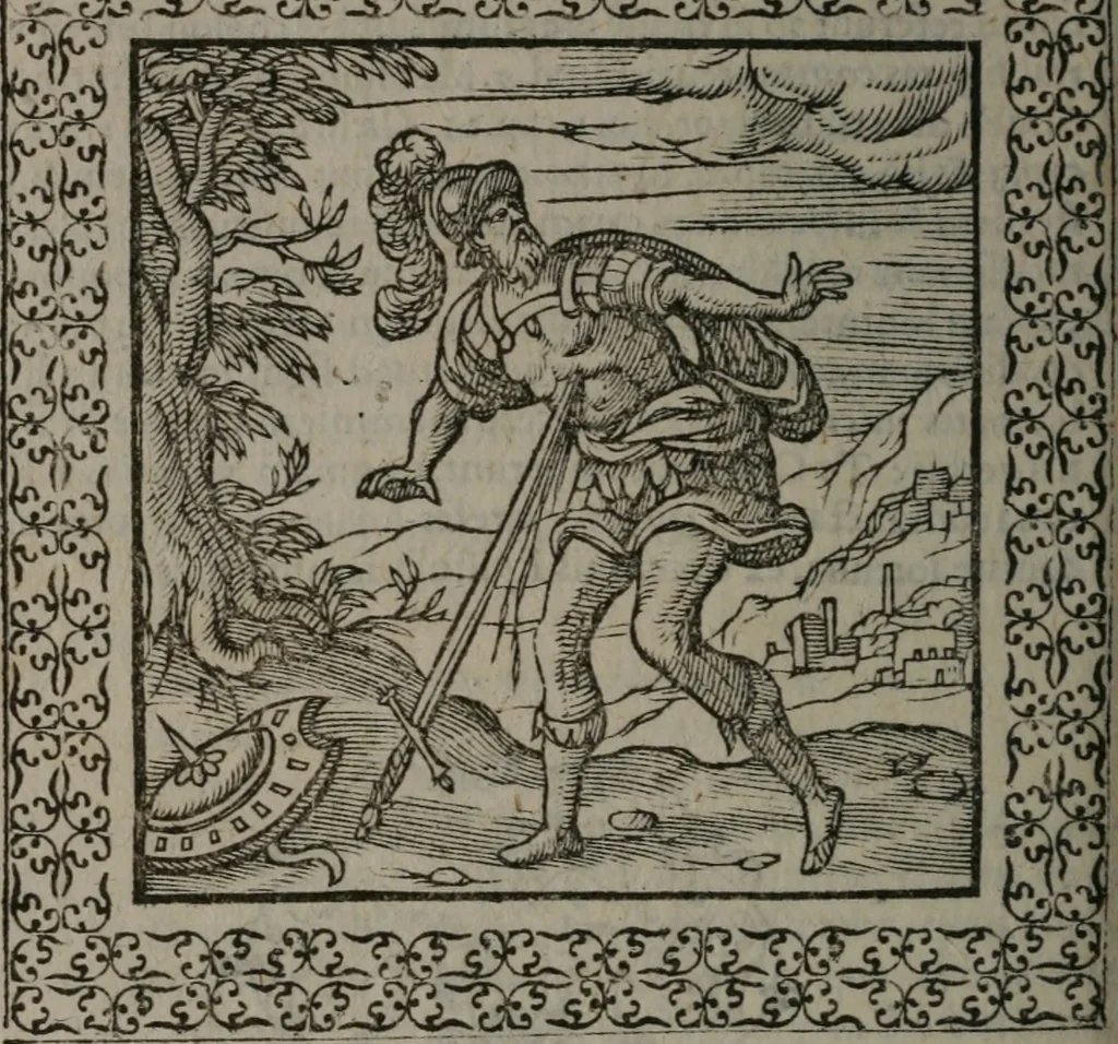 An illustration from Omnia Andreae Alciati v.c. emblemata : cum commentariis, quibus emblematum omnium aperta origine, mens auctoris explicatur, & obscura omnia dubiáque illustrantur, 1577, leaf 411