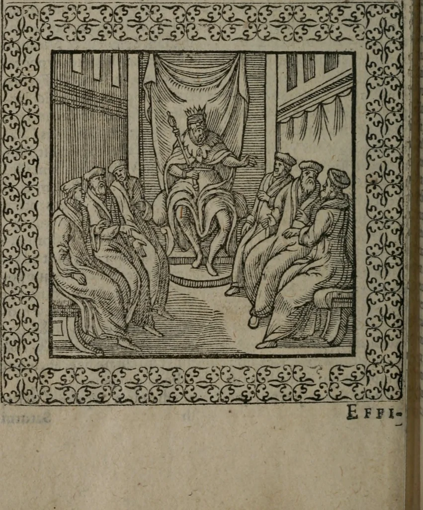 An illustration from Omnia Andreae Alciati v.c. emblemata : cum commentariis, quibus emblematum omnium aperta origine, mens auctoris explicatur, & obscura omnia dubiáque illustrantur, 1577, leaf 485