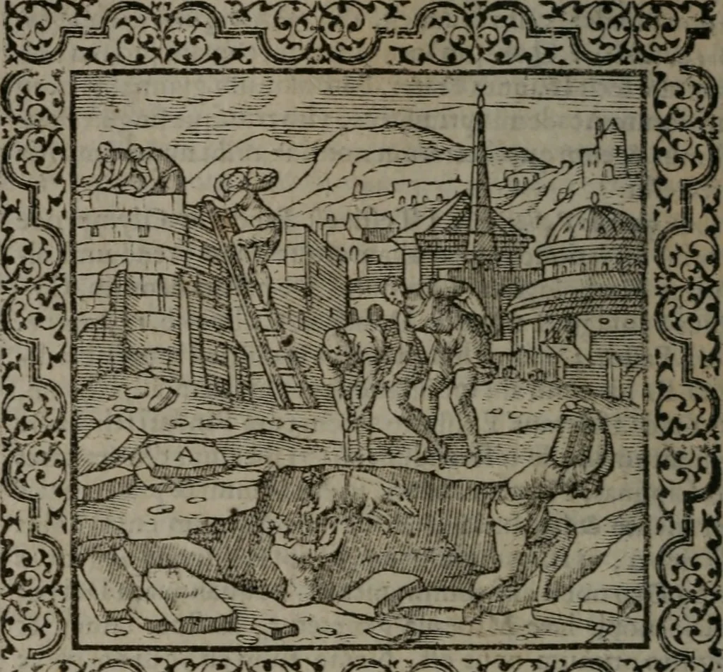 An illustration from Omnia Andreae Alciati v.c. emblemata : cum commentariis, quibus emblematum omnium aperta origine, mens auctoris explicatur, & obscura omnia dubiáque illustrantur, 1577, leaf 57