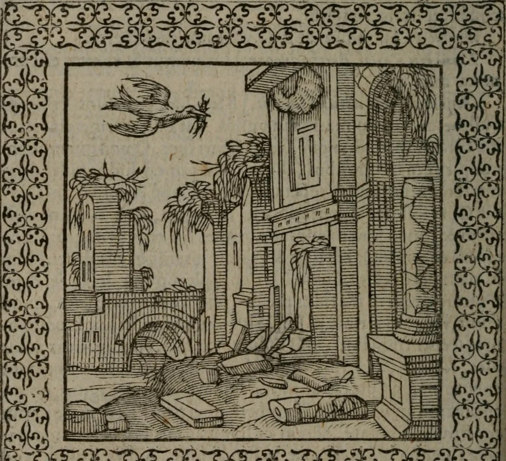 An illustration from Omnia Andreae Alciati v.c. emblemata : cum commentariis, quibus emblematum omnium aperta origine, mens auctoris explicatur, & obscura omnia dubiáque illustrantur, 1577, leaf 579