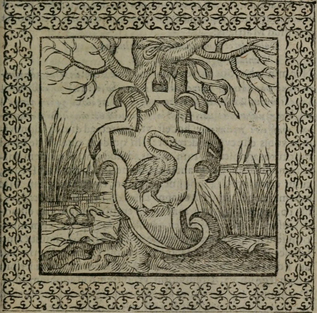 An illustration from Omnia Andreae Alciati v.c. emblemata : cum commentariis, quibus emblematum omnium aperta origine, mens auctoris explicatur, & obscura omnia dubiáque illustrantur, 1577, leaf 596