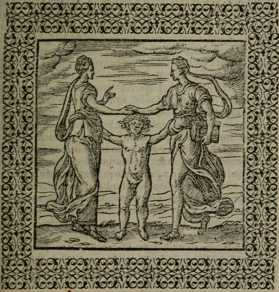 An illustration from Omnia Andreae Alciati v.c. emblemata : cum commentariis, quibus emblematum omnium aperta origine, mens auctoris explicatur, & obscura omnia dubiáque illustrantur, 1577, leaf 84
