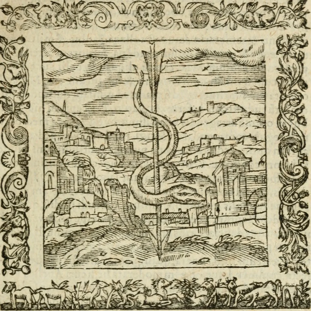An illustration from Omnia Andreae Alciati V.C. Emblemata : cum commentariis, quibus emblematum detecta origine, dubia omnia, et obscura illustrantur, 1602, leaf 196
