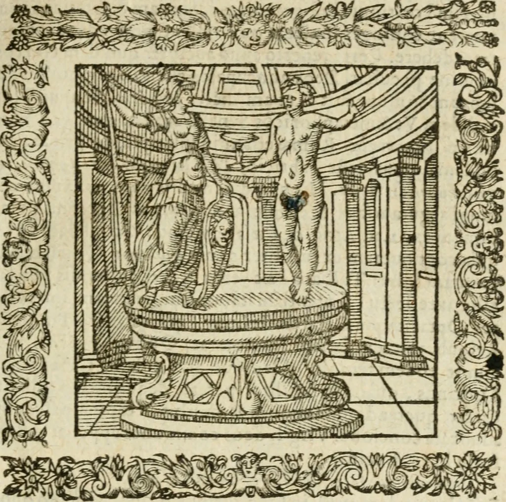 An illustration from Omnia Andreae Alciati V.C. Emblemata : cum commentariis, quibus emblematum detecta origine, dubia omnia, et obscura illustrantur, 1602, leaf 208