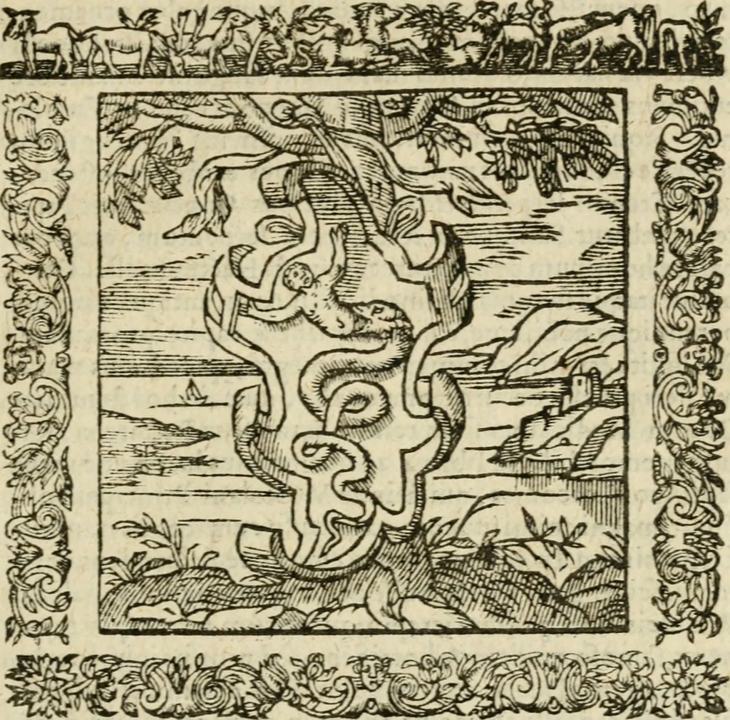 An illustration from Omnia Andreae Alciati V.C. Emblemata : cum commentariis, quibus emblematum detecta origine, dubia omnia, et obscura illustrantur, 1602, leaf 90