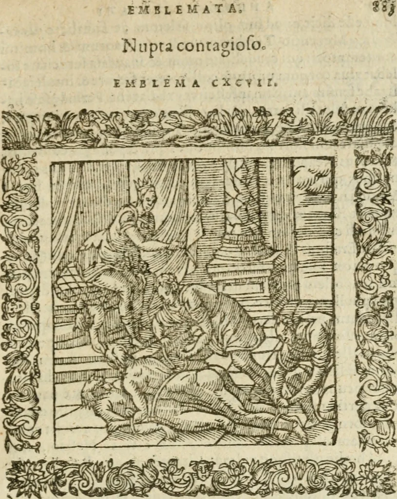 An illustration from Omnia Andreae Alciati V.C. Emblemata : cum commentariis, quibus emblematum detecta origine, dubia omnia, et obscura illustrantur, 1602, leaf 932