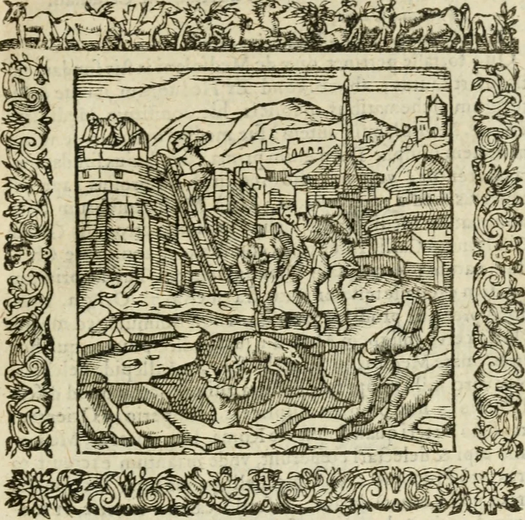 An illustration from Omnia Andreae Alciati V.C. Emblemata : cum commentariis, quibus emblematum detecta origine, dubia omnia, et obscura illustrantur, 1602, leaf 98