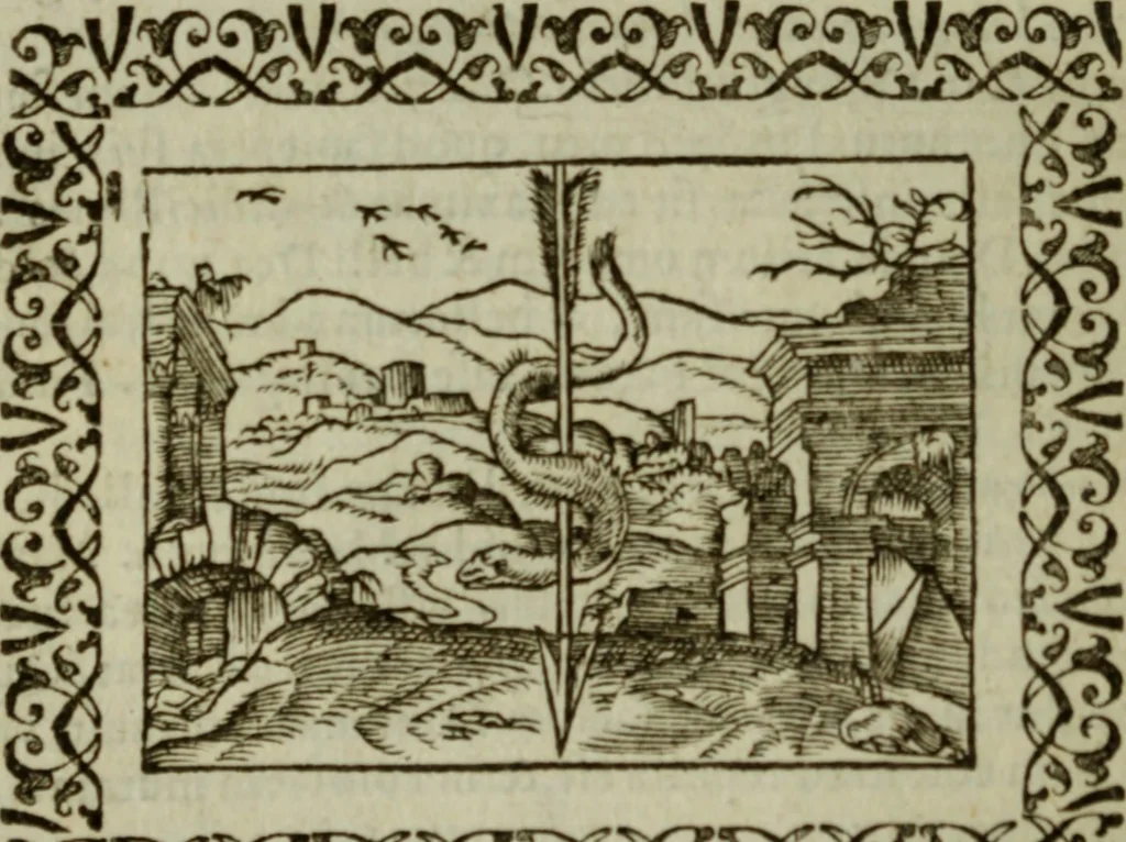 An illustration from Omnia Andreae Alciati v.c. emblemata : cum commentariis, quibus emblematum omnium aperta origine, mens authoris explicatur, & obscura omnia dubiaque illustrantur, 1583, leaf 113