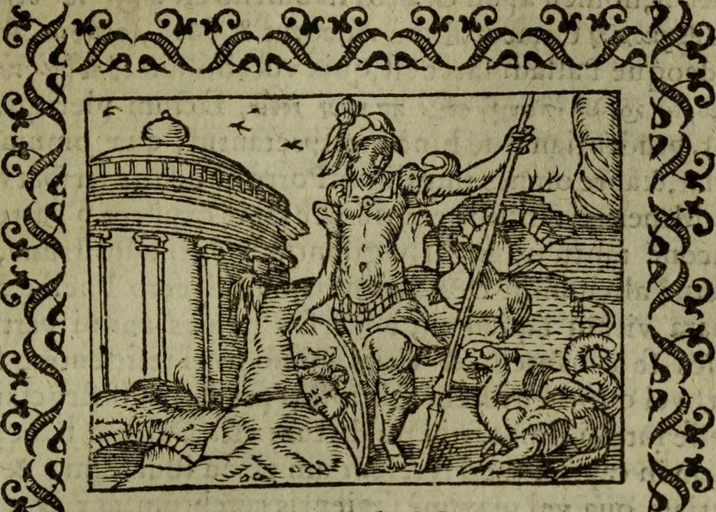 An illustration from Omnia Andreae Alciati v.c. emblemata : cum commentariis, quibus emblematum omnium aperta origine, mens authoris explicatur, & obscura omnia dubiaque illustrantur, 1583, leaf 118