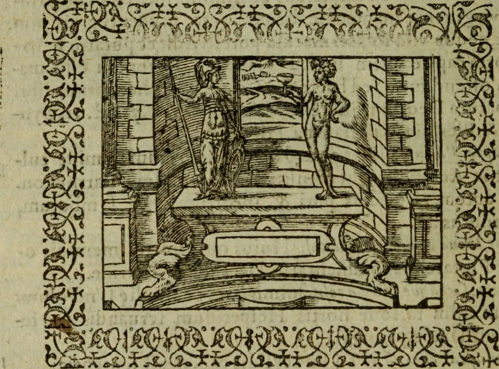 An illustration from Omnia Andreae Alciati v.c. emblemata : cum commentariis, quibus emblematum omnium aperta origine, mens authoris explicatur, & obscura omnia dubiaque illustrantur, 1583, leaf 121