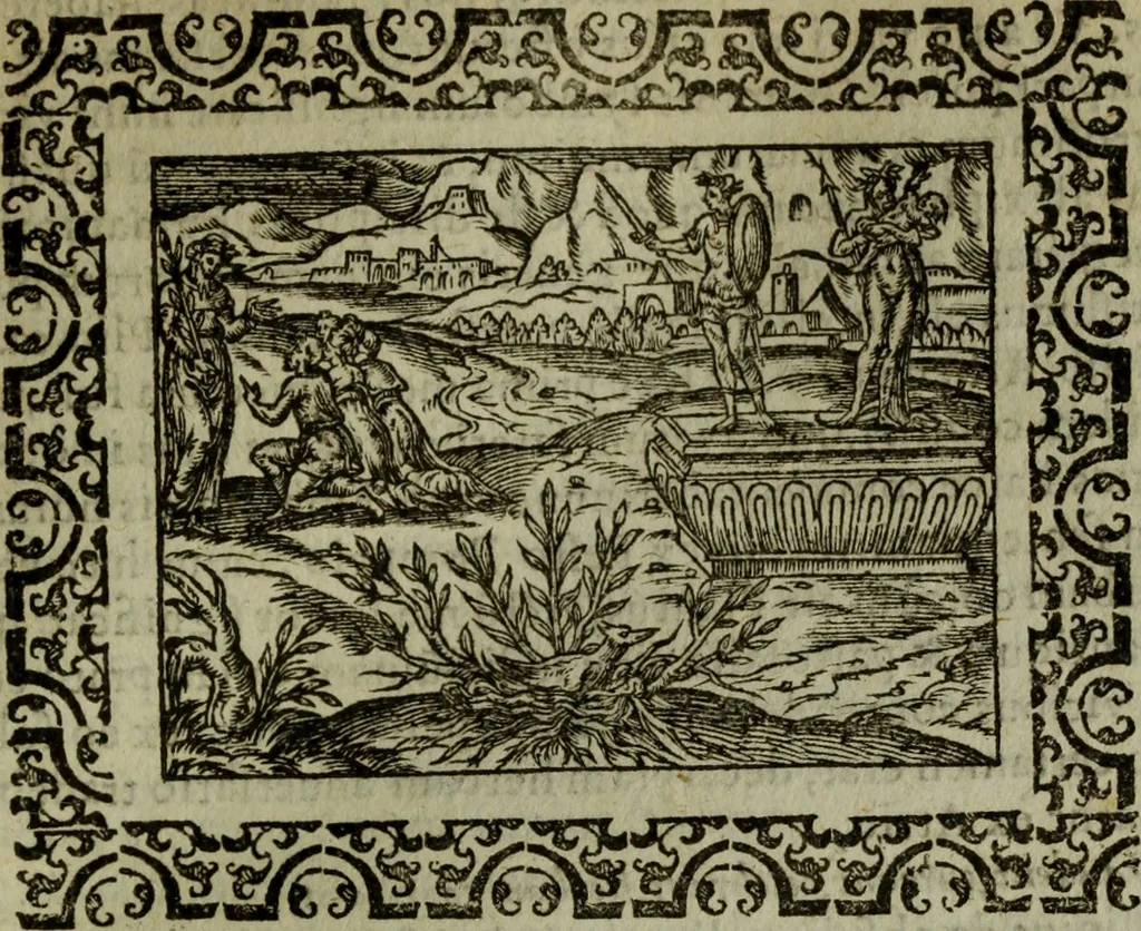 An illustration from Omnia Andreae Alciati v.c. emblemata : cum commentariis, quibus emblematum omnium aperta origine, mens authoris explicatur, & obscura omnia dubiaque illustrantur, 1583, leaf 136