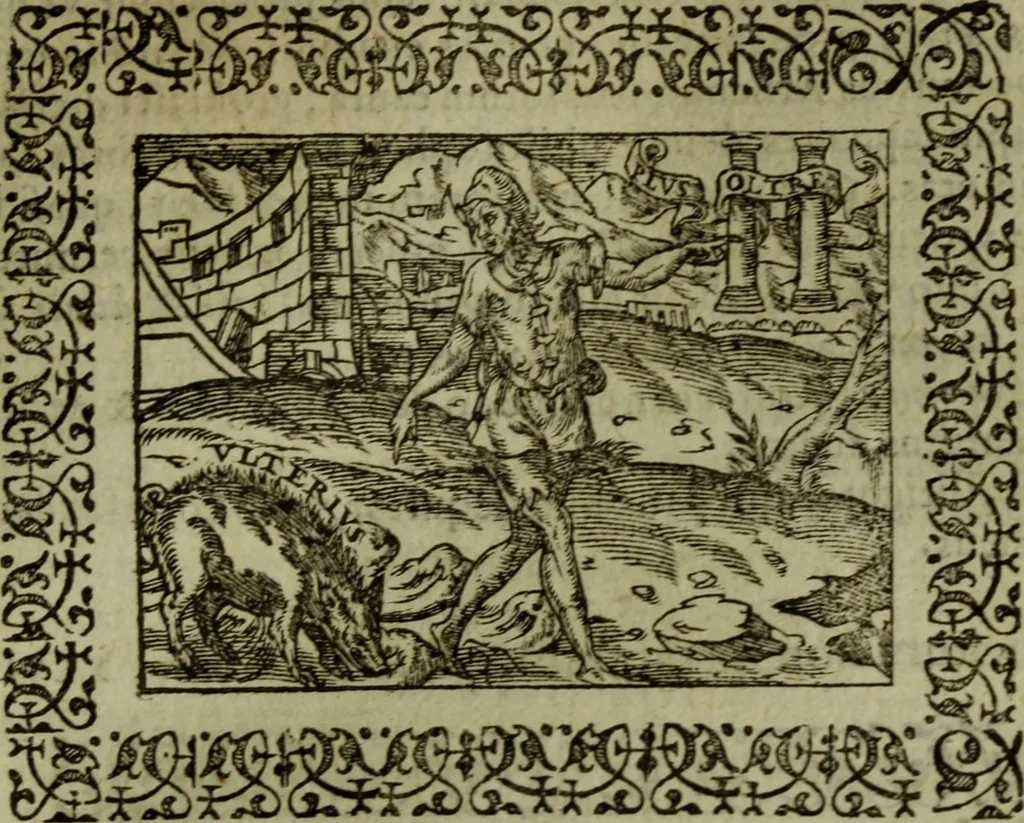 An illustration from Omnia Andreae Alciati v.c. emblemata : cum commentariis, quibus emblematum omnium aperta origine, mens authoris explicatur, & obscura omnia dubiaque illustrantur, 1583, leaf 202