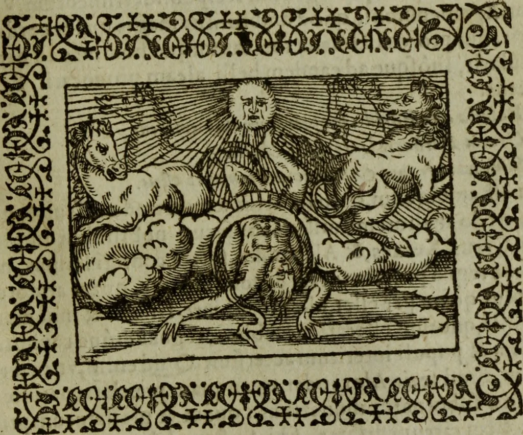 An illustration from Omnia Andreae Alciati v.c. emblemata : cum commentariis, quibus emblematum omnium aperta origine, mens authoris explicatur, & obscura omnia dubiaque illustrantur, 1583, leaf 228