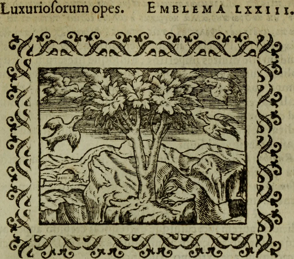 An illustration from Omnia Andreae Alciati v.c. emblemata : cum commentariis, quibus emblematum omnium aperta origine, mens authoris explicatur, & obscura omnia dubiaque illustrantur, 1583, leaf 274