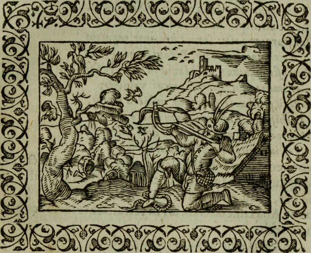 An illustration from Omnia Andreae Alciati v.c. emblemata : cum commentariis, quibus emblematum omnium aperta origine, mens authoris explicatur, & obscura omnia dubiaque illustrantur, 1583, leaf 358