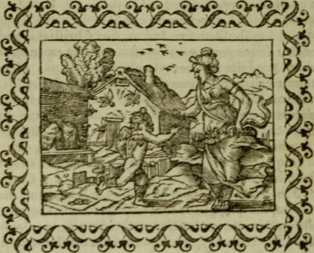 An illustration from Omnia Andreae Alciati v.c. emblemata : cum commentariis, quibus emblematum omnium aperta origine, mens authoris explicatur, & obscura omnia dubiaque illustrantur, 1583, leaf 381