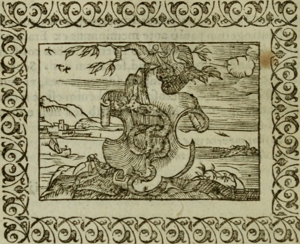 An illustration from Omnia Andreae Alciati v.c. emblemata : cum commentariis, quibus emblematum omnium aperta origine, mens authoris explicatur, & obscura omnia dubiaque illustrantur, 1583, leaf 39